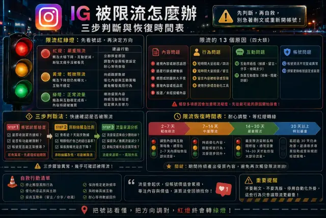 IG 被限流怎麼辦？三步判斷法、13 個原因與恢復時間表