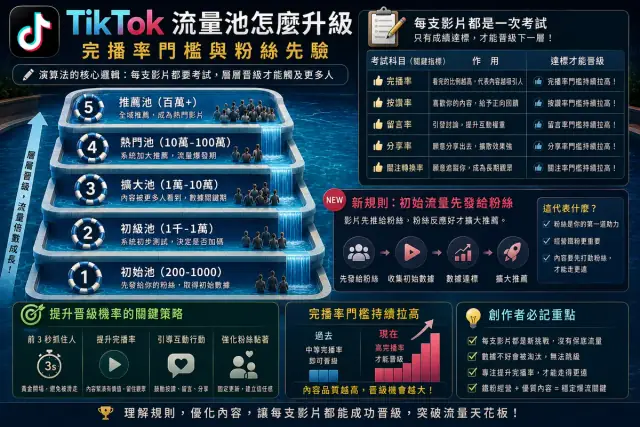 TikTok 演算法拆解（2026）：流量池怎麼升級、完播率門檻與粉絲先驗新規