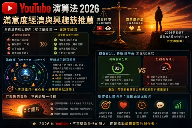 YouTube 演算法拆解（2026）：滿意度經濟、興趣簇推薦與訂閱數的黃昏