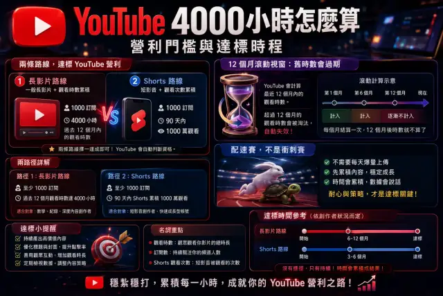 YouTube 4000 小時怎麼算？2026 營利門檻、達標時程與買時數的真話