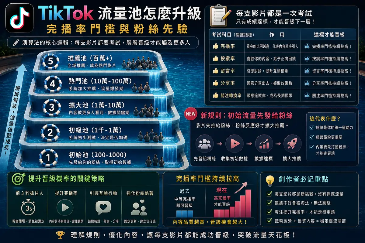 TikTok 演算法拆解(2026):流量池怎麼升級、完播率門檻與粉絲先驗新規