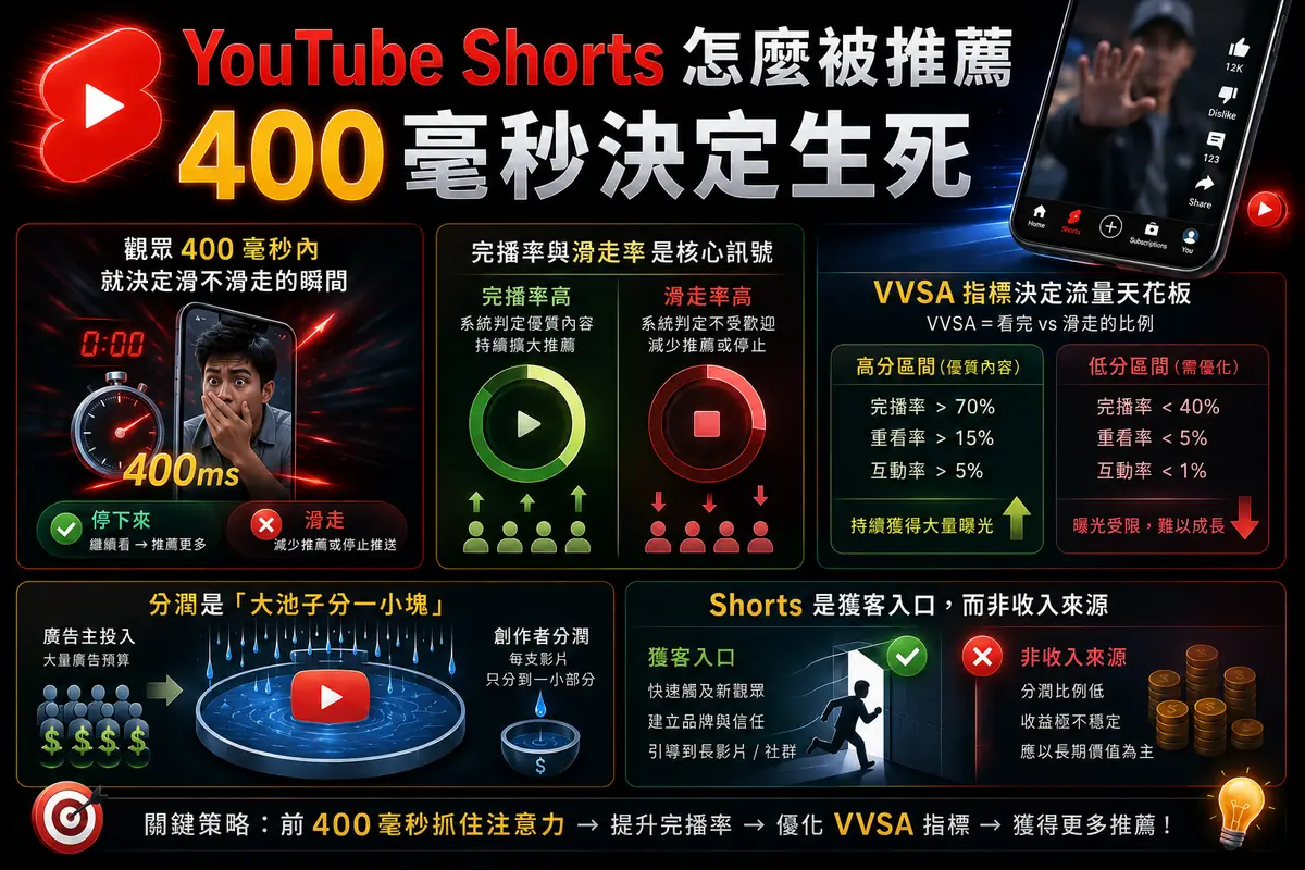 YouTube Shorts 怎麼被推薦?400 毫秒定生死、VVSA 指標與分潤現實